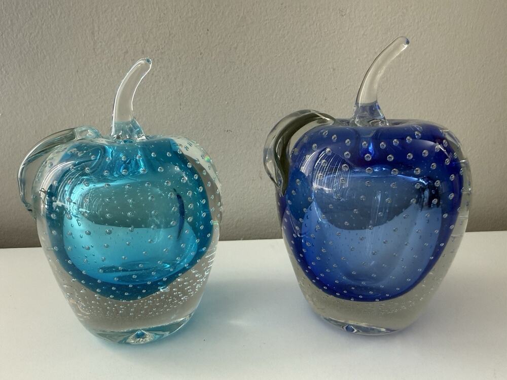 Vintage Murano Style Blue Glass Apple Paperweights Lot of 2 Heavy 6.5”